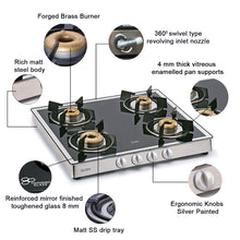 4 Burner Glass Gas Stove Mirror Finish 1 High Flame 3 Forged Brass Burner 60 CM (1042 GT FBM)