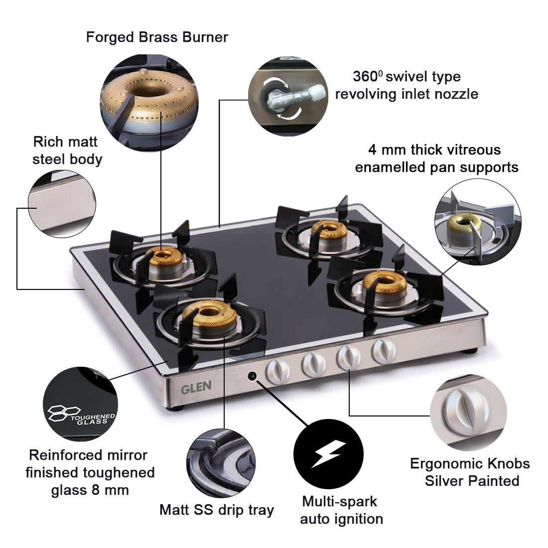 4 Burner Glass Gas Stove Mirror Finish 1 High Flame 3 Forged Brass Burners Auto Ignition 60 CM (1042GT FBMAI)