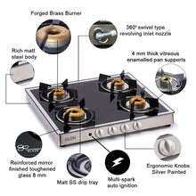 4 Burner Glass Gas Stove Mirror Finish 1 High Flame 3 Forged Brass Burners Auto Ignition 60 CM (1042GT FBMAI)