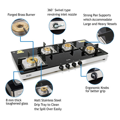 4 Burner Glass Gas Stove Extra Wide 1 High Flame 3 Forged Brass Burner (1049 SQGT FB)