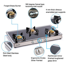 3 Burner Mirror Finish Glass Gas Stove with High Flame Forged Brass Burner (1038GT FBM) - Manual/Auto Ignition