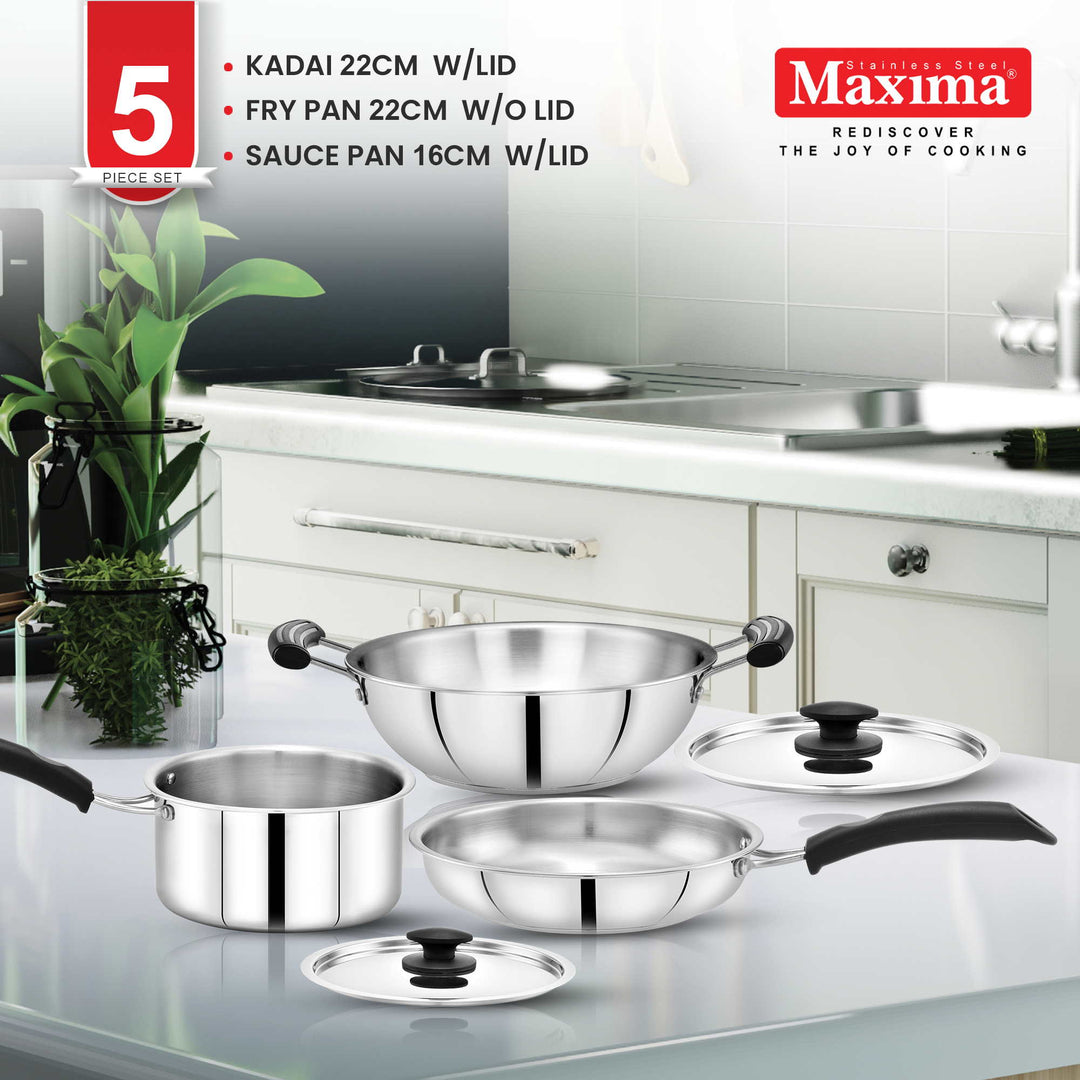 Maxima Triply Stainless Steel 5 Pcs Set (Kadai 22cm, Fry pan 22cm, Saucepan 16cm)