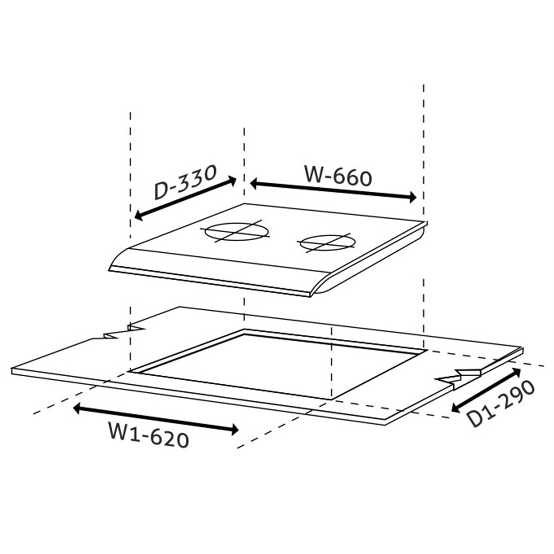 2 Burner Glass Hob Top with with Double Ring Forged Brass Burners Auto Ignition Black (66)