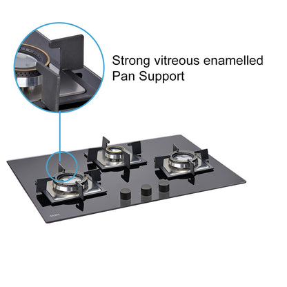 3 Burner Built In Glass Hob with Double Ring Forged Brass Burners Auto Ignition (1073 SQ DB)