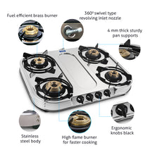4 Burner  Stainless Steel Gas Stove Extra Wide 1 High Flame 3 Brass Burner (1044 XL SS HF BB)