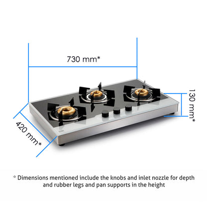 3 Burner Free Standing Hob with Forged Brass Burners Auto Ignition (1073 FSF BBW AI)