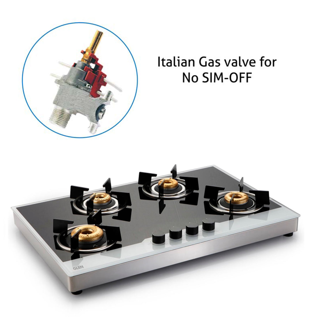 4 Burner Free Standing Glass Hob SS Frame Forged Brass Burner (1074 FSFB BW)