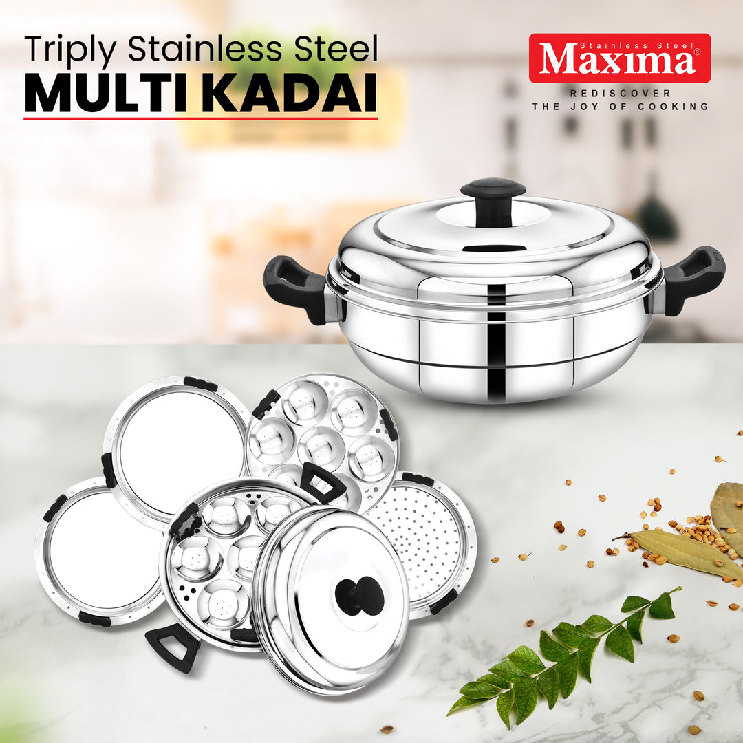 Maxima Triply Stainless Steel Multi Kadai, 28cm (Induction Friendly)