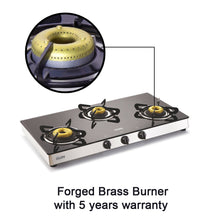 3 Burner Glass Gas Stove with High Flame Forged Brass Burner Double Drip Tray (1038 GT FB) - Manual/Auto Ignition