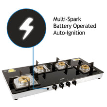 4 Burner Glass Gas Stove Extra Wide 1 High Flame 3 Forged Brass Burner Auto Ignition (1049 SQGT FB AI)