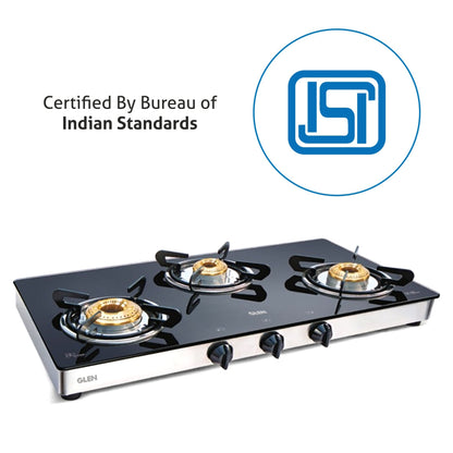 3 Burner Glass Gas Stove 1 High Flame 2 Brass Burners Double Drip trays (Z18242L)