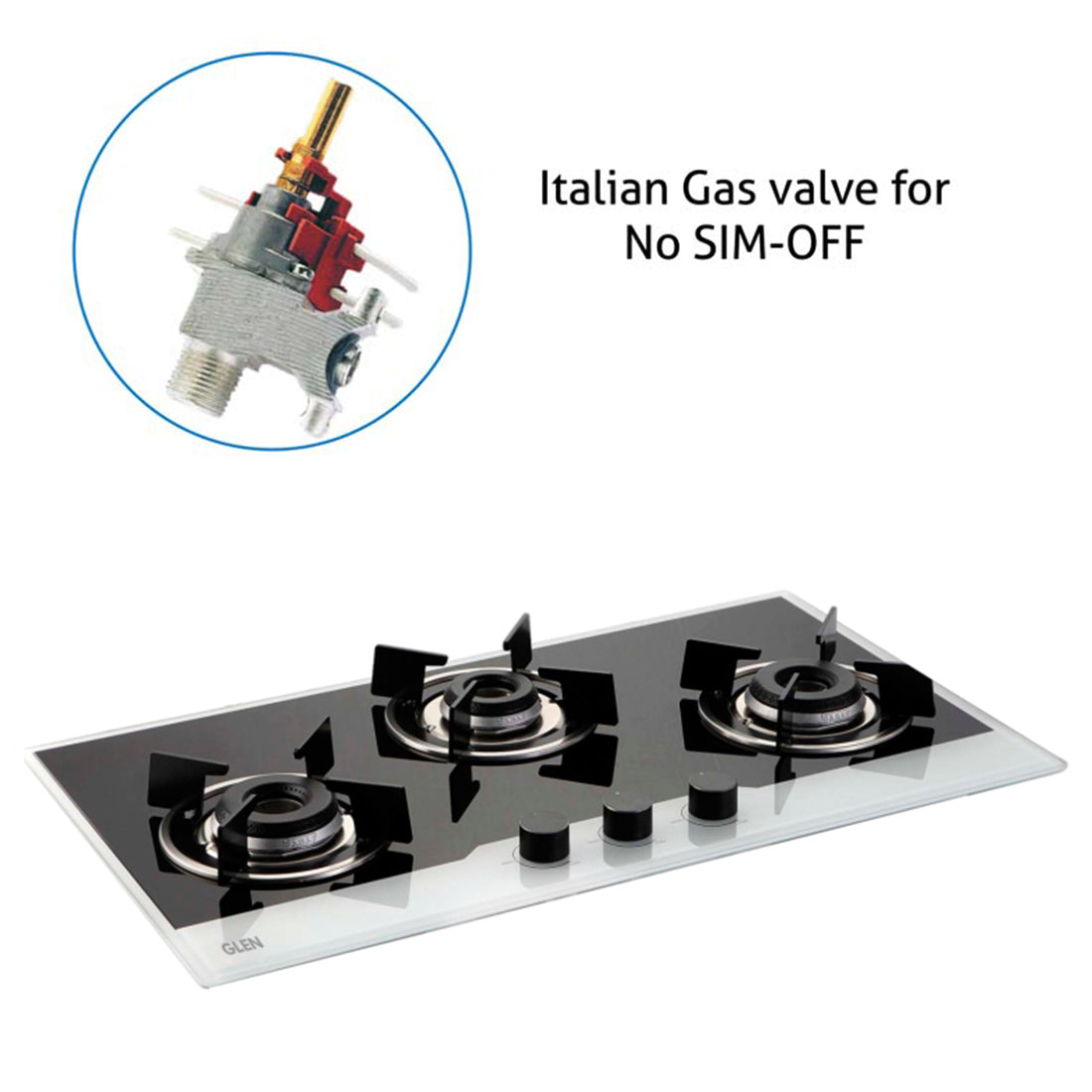 3 Burner Built In Glass Hob with Italian Double Ring Burners Auto Ignition (1073 IN BW)