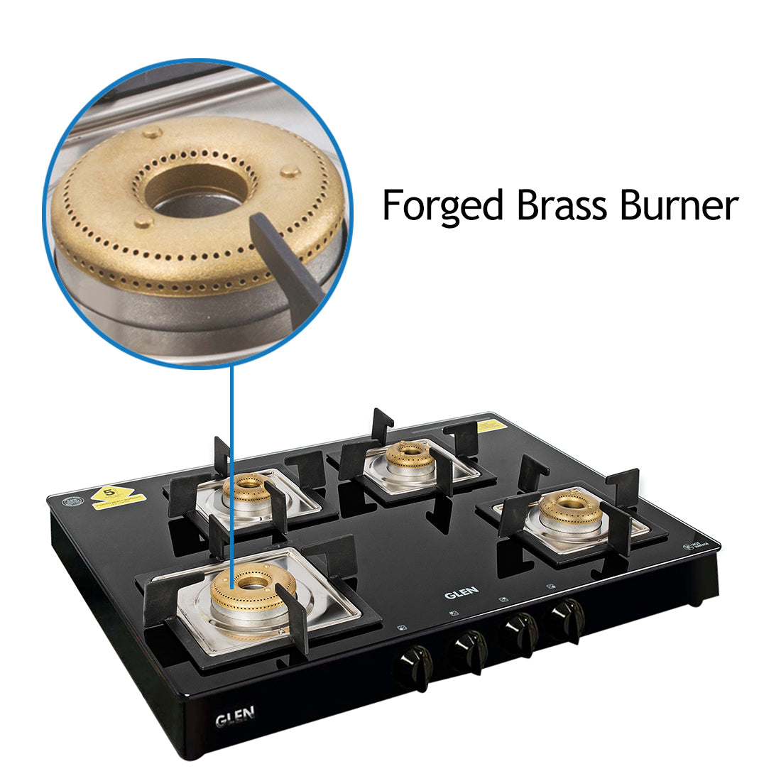 4 Burner Glass Gas Stove 1 High Flame 3 Forged Brass Burner 70 CM Black(1048 GT SQBLFB)
