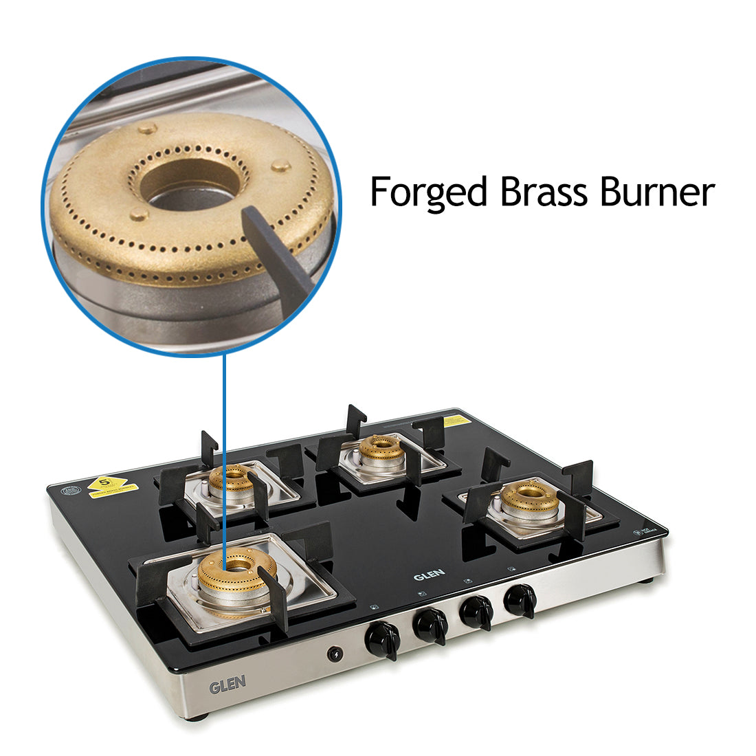 4 Burner Glass Gas Stove 1 High Flame 3 Forged Brass Burner Auto Ignition 70 CM (1048 GT SQFBAI)