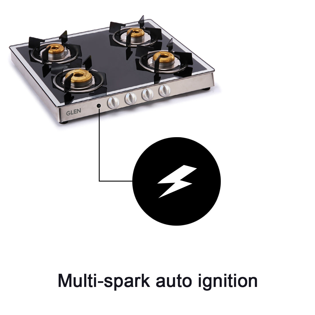 4 Burner Glass Gas Stove Mirror Finish 1 High Flame 3 Forged Brass Burners Auto Ignition 60 CM (1042GT FBMAI)
