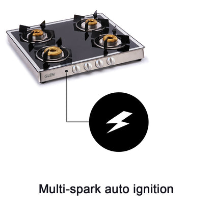 4 Burner Glass Gas Stove Mirror Finish 1 High Flame 3 Forged Brass Burners Auto Ignition 60 CM (1042GT FBMAI)