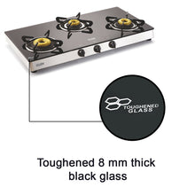 3 Burner Glass Gas Stove with High Flame Forged Brass Burner Double Drip Tray (1038 GT FB) - Manual/Auto Ignition