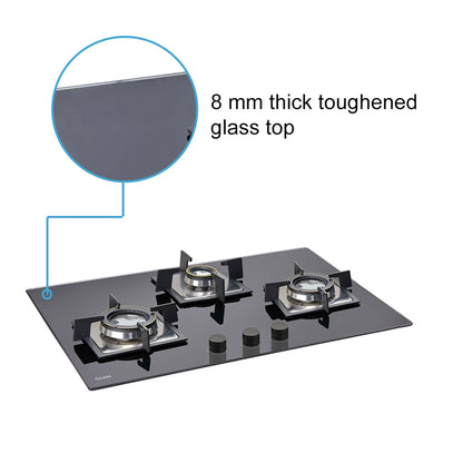 3 Burner Built In Glass Hob with Double Ring Forged Brass Burners Auto Ignition (1073 SQ DB)