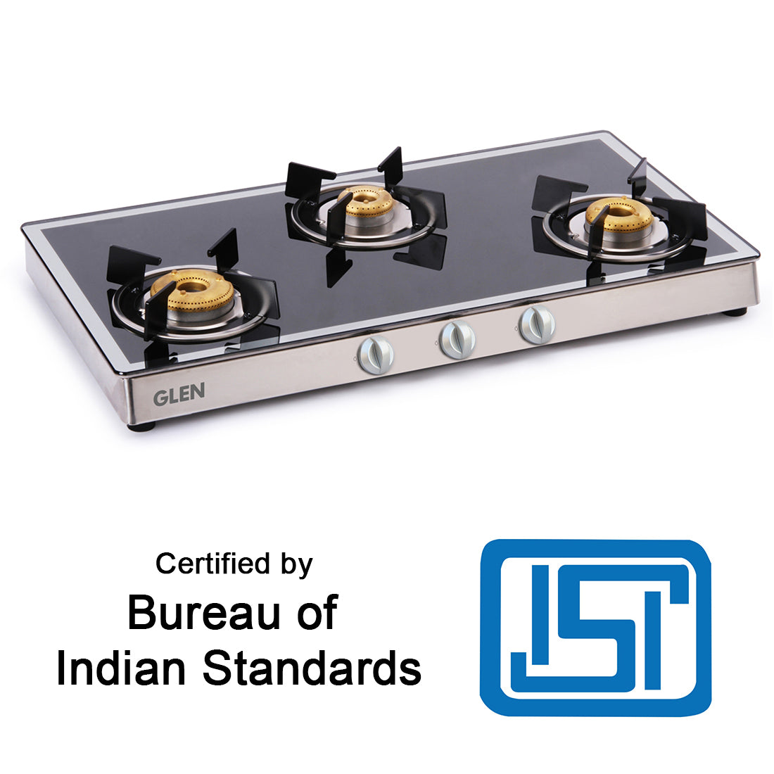 3 Burner Mirror Finish Glass Gas Stove with High Flame Forged Brass Burner (1038GT FBM) - Manual/Auto Ignition