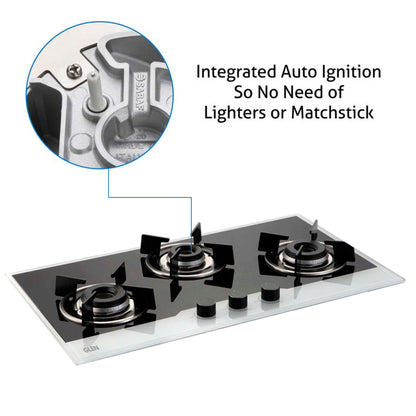 3 Burner Built In Glass Hob with Italian Double Ring Burners Auto Ignition (1073 IN BW)