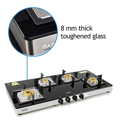 4 Burner Glass Gas Stove Extra Wide 1 High Flame 3 Forged Brass Burner (1049 SQGT FB)