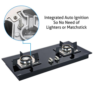 2 Burner Glass Hob Top with with Double Ring Forged Brass Burners Auto Ignition Black (66)