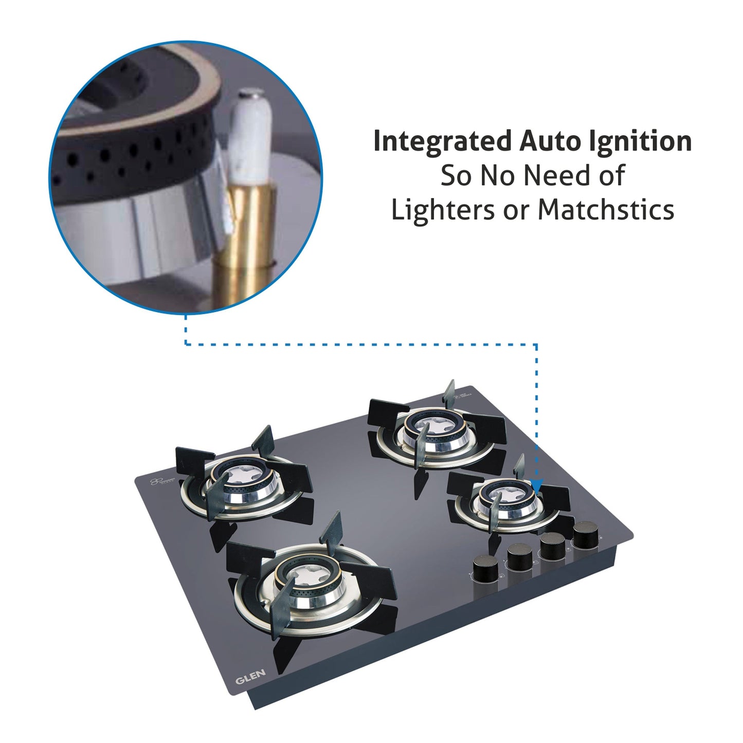 4 Burner Glass Hob Top with Double Ring Forged Brass Burner Auto Ignition (1064 RO HT DB)