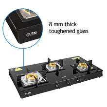 3 Burner Black Glass Gas Stove with High Flame Forged Brass Burner (1038 SQ BL FB) - Manual/Auto Ignition