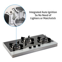 3 Burner Glass Hob Top SS Frame Double Ring Italian Burner Auto Ignition (1073 FIN BW)