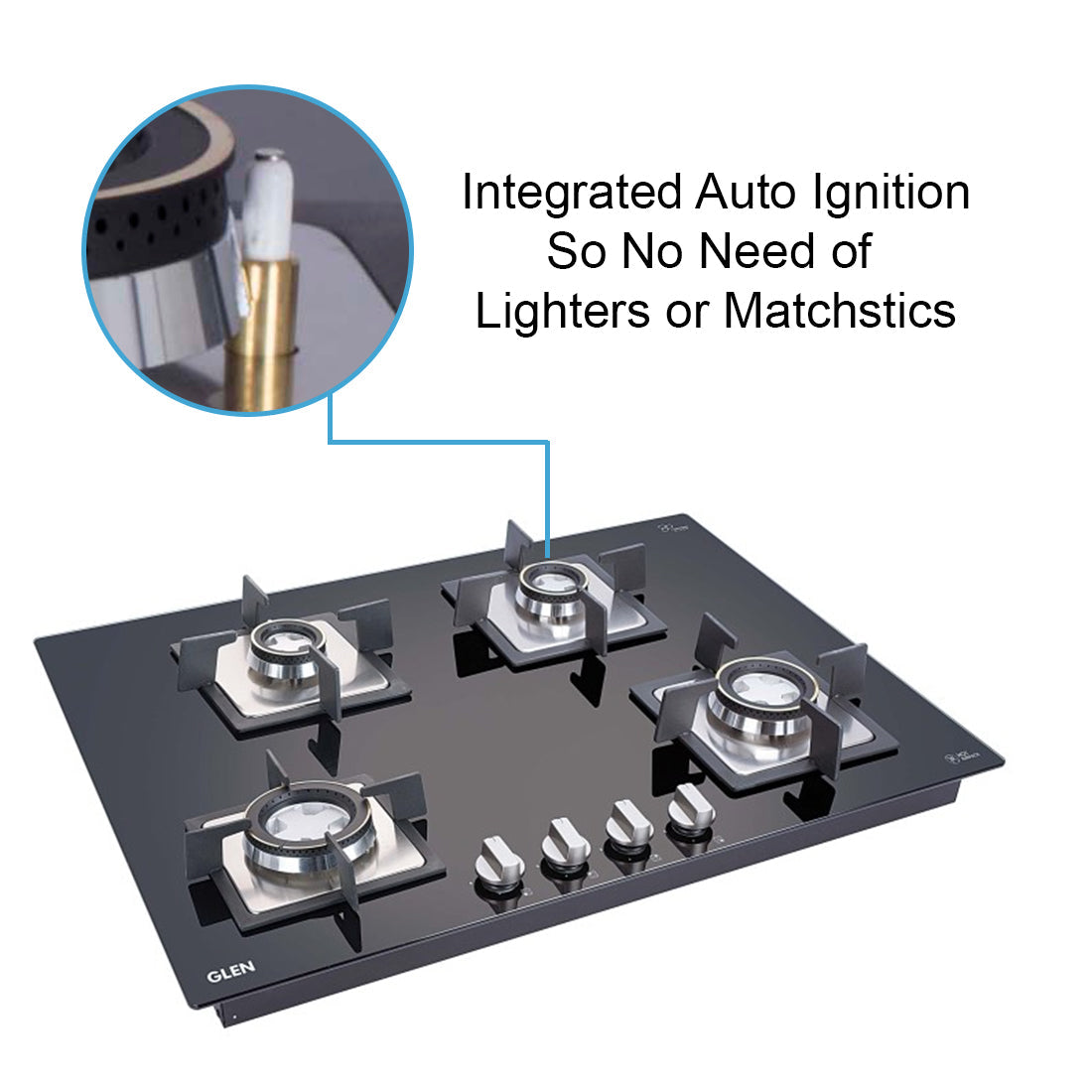 4 Burner Glass Hob Top with Double Ring Forged Brass Burner Auto Ignition (4B70SQHTDB)