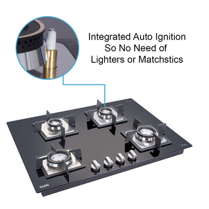 4 Burner Glass Hob Top with Double Ring Forged Brass Burner Auto Ignition (4B70SQHTDB)