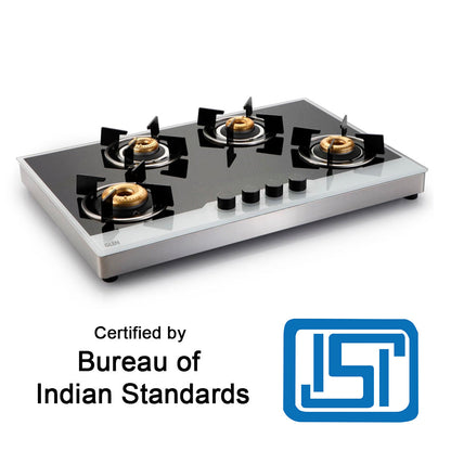 4 Burner Free Standing Glass Hob SS Frame Forged Brass Burner (1074 FSFB BW)