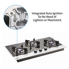 3 Burner Glass Hob Top with Double Ring Forged Brass Burners Auto Ignition (1073 HT BW)