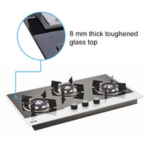 3 Burner Glass Hob Top with Double Ring Forged Brass Burners Auto Ignition (1073 HT BW)