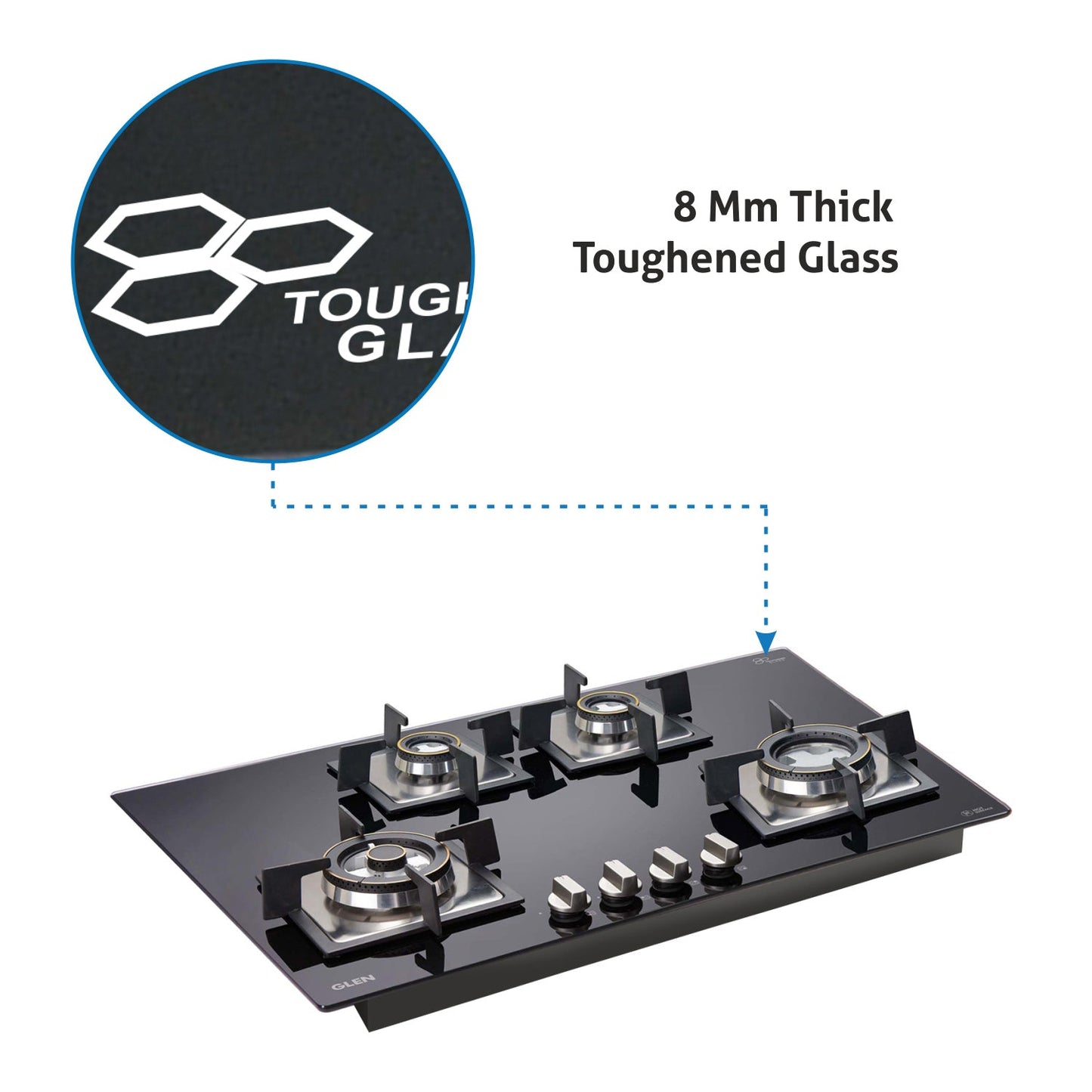 4 Burner Glass Gas Hob Top Triple Ring Burner Double Ring Forged Brass Burner Auto Ignition (1074 SQHTDBTR)