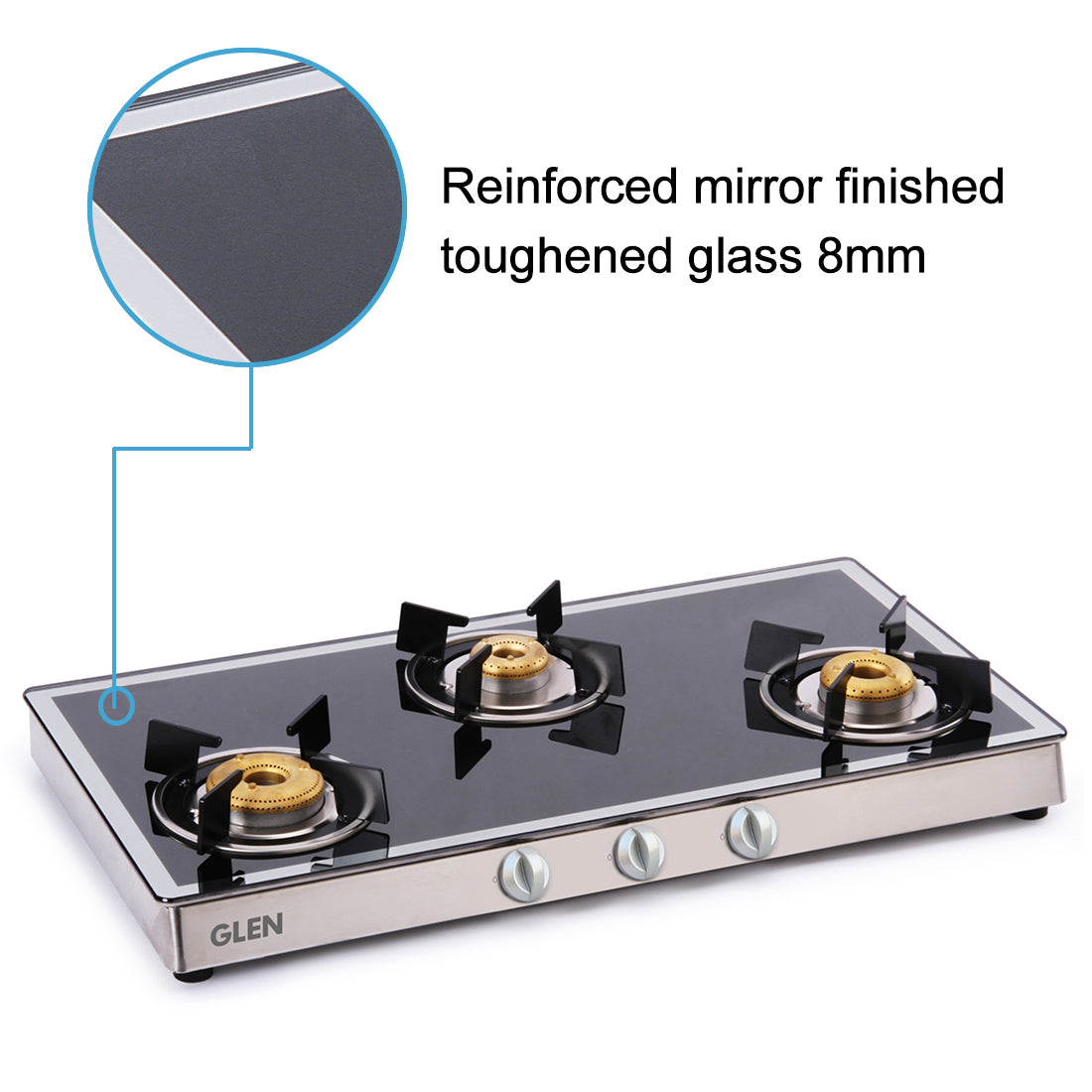 3 Burner Mirror Finish Glass Gas Stove with High Flame Forged Brass Burner (1038GT FBM) - Manual/Auto Ignition