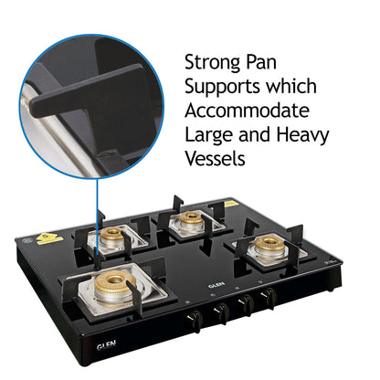 4 Burner Glass Gas Stove 1 High Flame 3 Forged Brass Burner 70 CM Black(1048 GT SQBLFB)