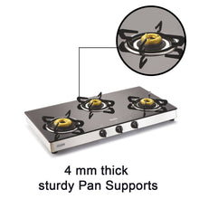 3 Burner Glass Gas Stove with High Flame Forged Brass Burner Double Drip Tray (1038 GT FB) - Manual/Auto Ignition