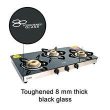 3 Burner Glass Gas Stove High Flame Forged Brass Burner XL Double Drip Tray (1033 GTXLFBDD) - Manual/Auto Ignition