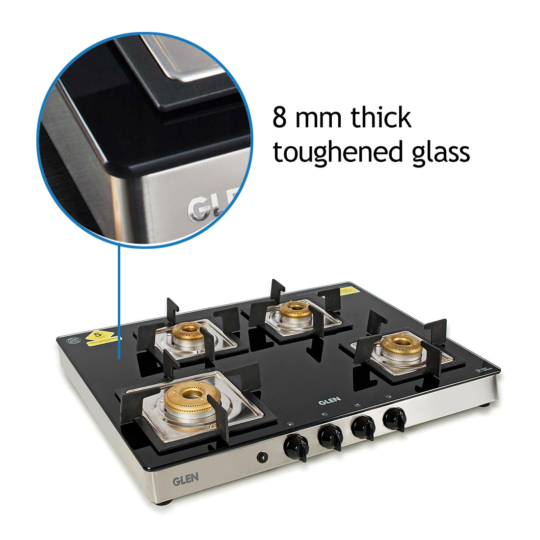 4 Burner Glass Gas Stove 1 High Flame 3 Forged Brass Burner Auto Ignition 70 CM (1048 GT SQFBAI)