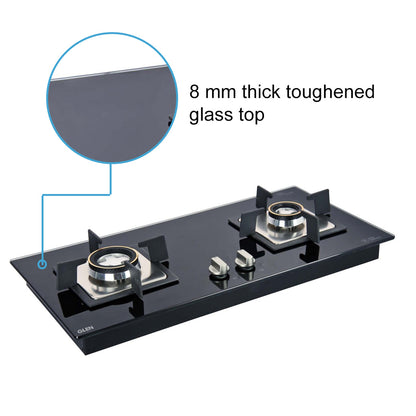 2 Burner Glass Hob Top with with Double Ring Forged Brass Burners Auto Ignition Black (66)