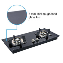 2 Burner Glass Hob Top with with Double Ring Forged Brass Burners Auto Ignition Black (66)