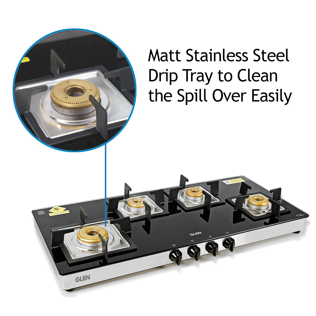 4 Burner Glass Gas Stove Extra Wide 1 High Flame 3 Forged Brass Burner (1049 SQGT FB)