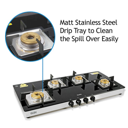 4 Burner Glass Gas Stove Extra Wide 1 High Flame 3 Forged Brass Burner (1049 SQGT FB)