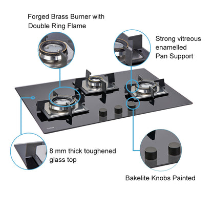 3 Burner Built In Glass Hob with Double Ring Forged Brass Burners Auto Ignition (1073 SQ DB)