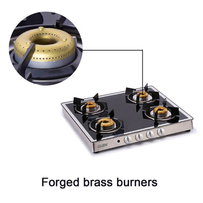 4 Burner Glass Gas Stove Mirror Finish 1 High Flame 3 Forged Brass Burners Auto Ignition 60 CM (1042GT FBMAI)