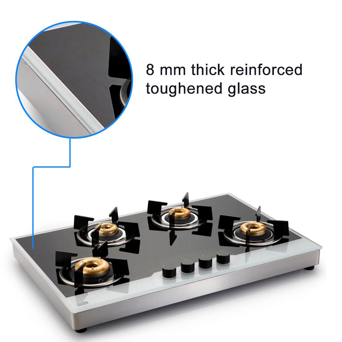 4 Burner Free Standing Glass Hob SS Frame Forged Brass Burner (1074 FSFB BW)