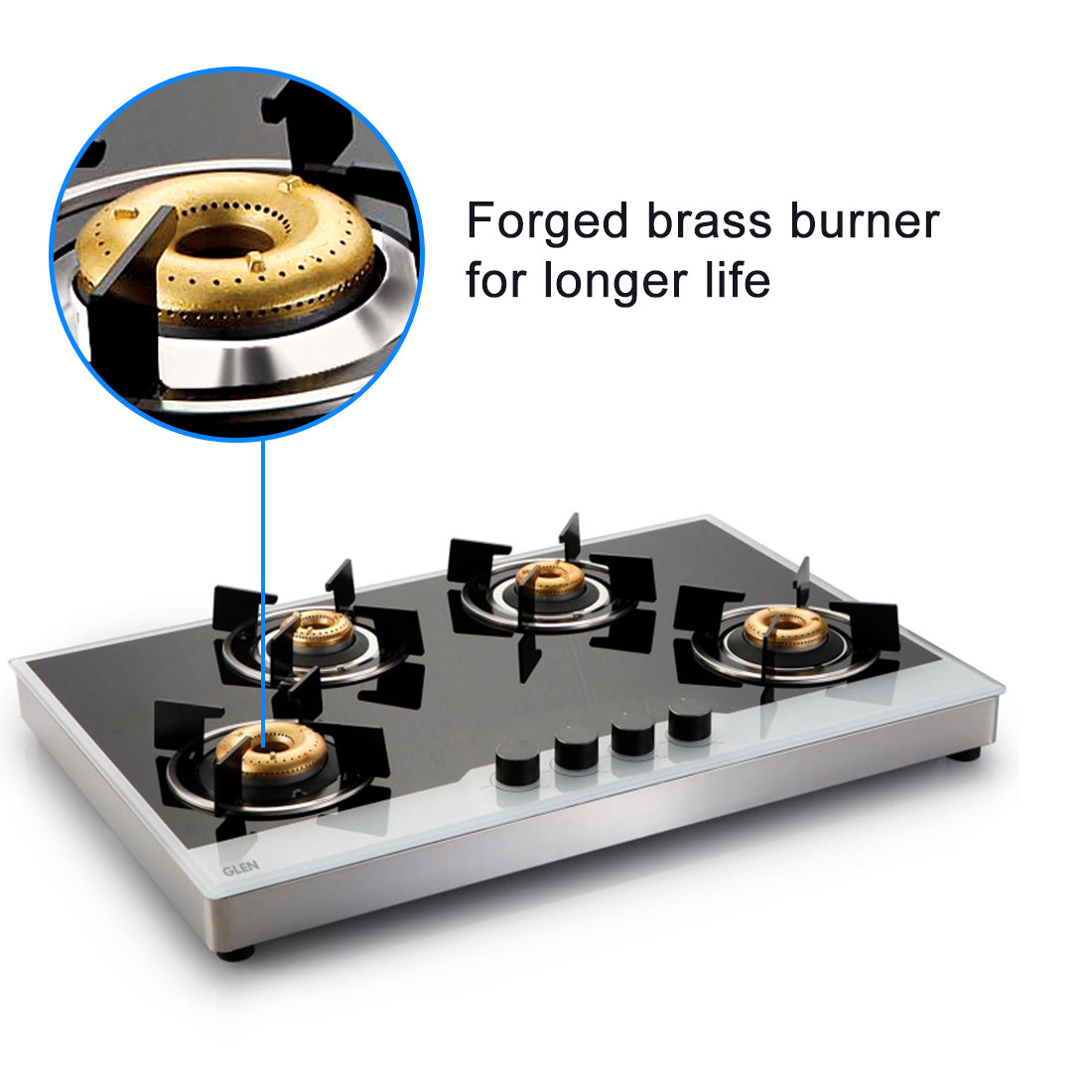 4 Burner Free Standing Glass Hob SS Frame Forged Brass Burner (1074 FSFB BW)