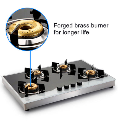 4 Burner Free Standing Glass Hob SS Frame Forged Brass Burner (1074 FSFB BW)