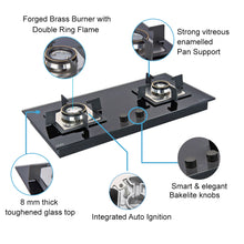 2 Burner Glass Hob Top with Double Ring Forged Brass Burners Auto Ignition (1022 SQ HT DB)